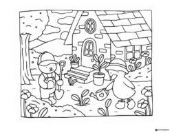 Bobbie Goods animals gardening by a house coloring