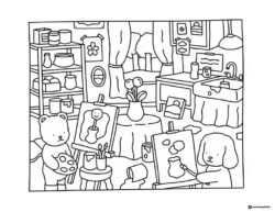 Bobbie Goods animals painting in an art studio coloring page