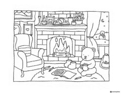 Bobbie Goods bear by cozy fireplace coloring page