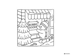 Bobbie Goods bear by shop in winter coloring sheet