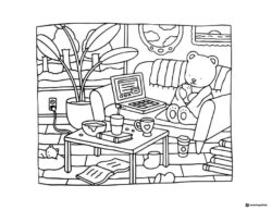 Bobbie Goods bear on sofa with laptop coloring