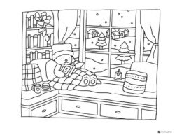 Bobbie Goods bear reading by a snowy window