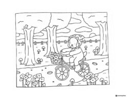 Bobbie Goods bear riding bicycle in nature coloring page