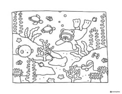 Bobbie Goods bear snorkeling underwater with sea creatures