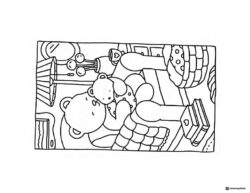 Bobbie Goods bears cozy on a rug with books coloring