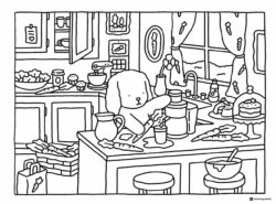 Bobbie Goods character cooking in kitchen coloring