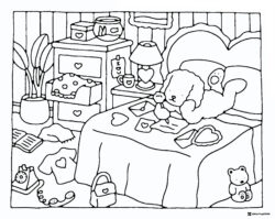 Bobbie Goods character in bed with letters coloring