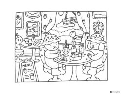 Bobbie Goods characters at a strawberry cafe coloring