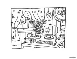 Bobbie Goods cozy desk with computer and plants coloring