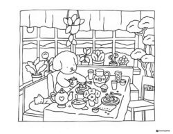 Bobbie Goods dog having breakfast by window coloring