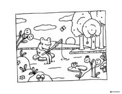 Bobbie Goods frog fishing in a pond coloring page