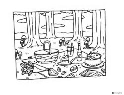 Bobbie Goods picnic with cake and fruit in forest coloring