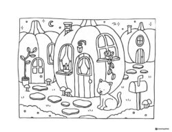Bobbie Goods pumpkin houses with cat coloring page