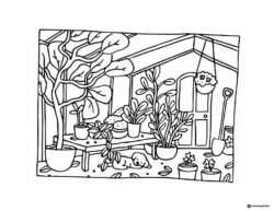 Bobbie Goods puppy in a plant filled garden shed coloring
