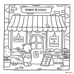 Bobbie Goods store with bear outside coloring page