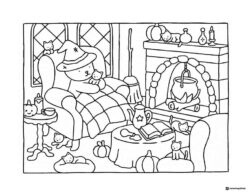 Bobbie Goods witch and cats by a fireplace coloring