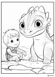Boy and baby dragon sitting together coloring page