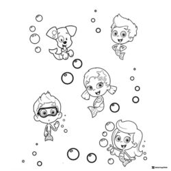 Bubble Guppies characters and dog with bubbles coloring page