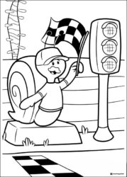 Bubble Guppies coloring page of a snail with a checkered flag and traffic light