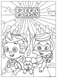 Bubble Guppies superheroes and dog in city coloring page