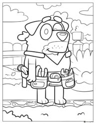 Builder Dog Coloring Page with Tools and Garden Background