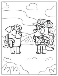 Camping Friends Coloring Page with Backpacks and Hills