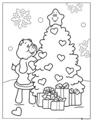 Care Bear Coloring Page decorating a Christmas tree