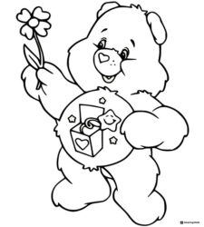 Care Bear Coloring Page holding a flower and gift box