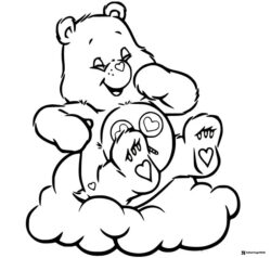 Care Bear Coloring Page hugging a baby bear on a cloud