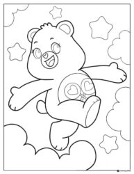 Care Bear Coloring Page jumping happily with hearts and clouds