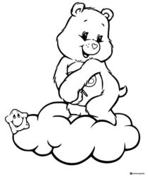 Care Bear Coloring Page sitting on a cloud with a smiling star
