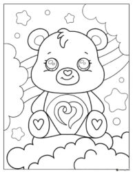 Care Bear Coloring Page sitting on clouds with rainbows and stars
