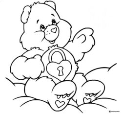 Care Bear Coloring Page sitting with a heart padlock