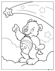 Care Bear Coloring Page with a rainbow and shooting stars