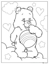 Care Bear Coloring Page with a striped belly hearts and clouds