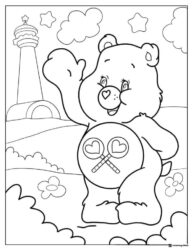 Care Bear Coloring Page with lollipops castle and clouds