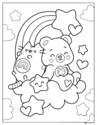 Care Bear and Cat Coloring Page on a cloud with a rainbow
