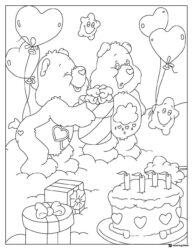 Care Bears Birthday Coloring Page with Cake and Gifts