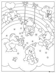 Care Bears Coloring Page Playing on Rainbow and Swing