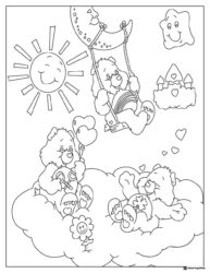 Care Bears Coloring Page on Moon Swing with Clouds