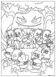 Care Bears Coloring Page with angry monster and small creatures