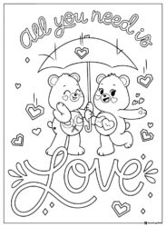 Care Bears Coloring Page with umbrella and All you need is Love