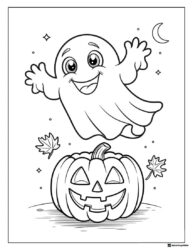 Cartoon ghost above Jack OLantern coloring page