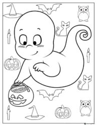 Cartoon ghost with pumpkin trick or treat basket coloring page