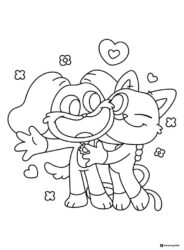 Catnap and Dogday hugging with hearts and flowers Coloring Page 1