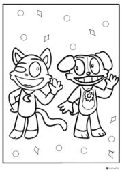 Catnap and Dogday waving with circles and squares Coloring Page 1