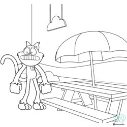 Catnap standing by a picnic table with umbrella Coloring Page 1