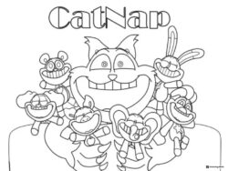 Catnap surrounded by small characters CatNap text Coloring Page 1
