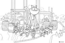 Catnap towering over small characters with barrels Coloring Page 1