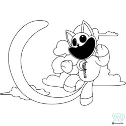 Catnap walking on a crescent moon with clouds Coloring Page 1